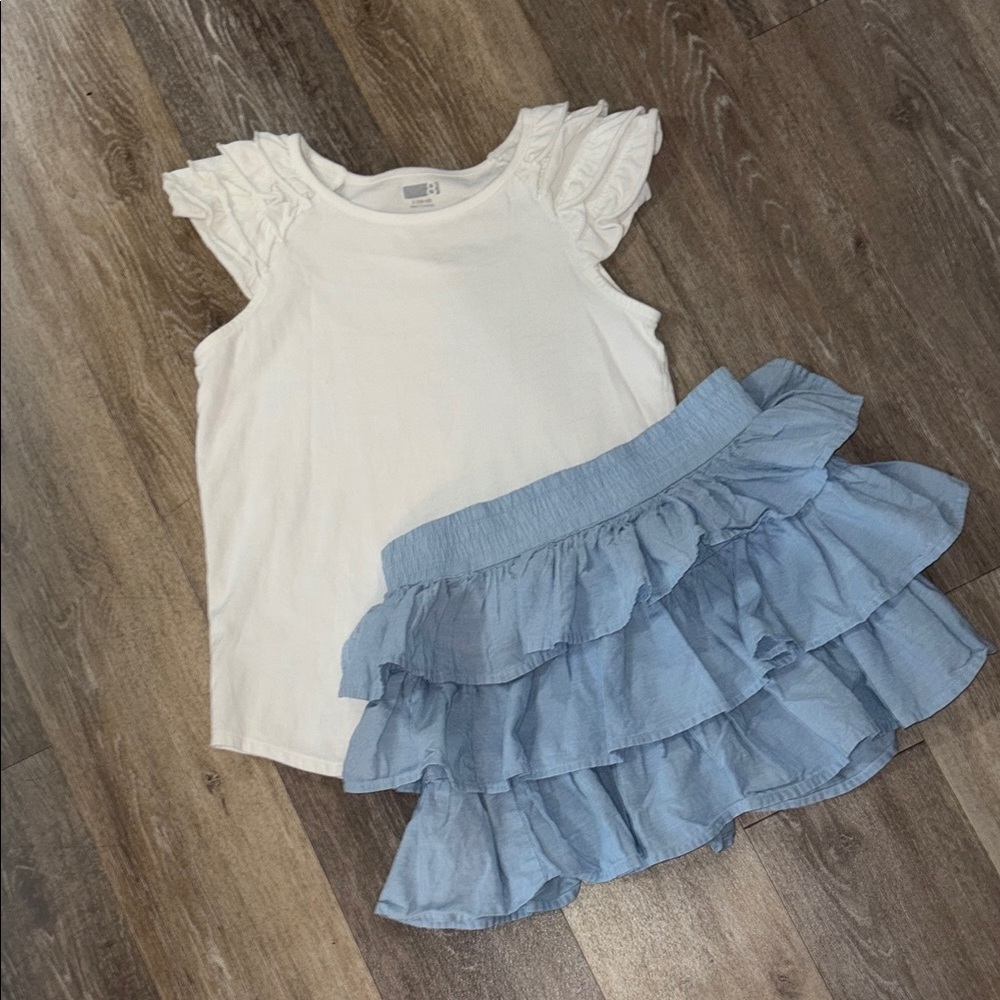 Gymboree Crazy 8 white top w ruffles & Lt blue ruffle skirt size 10/12